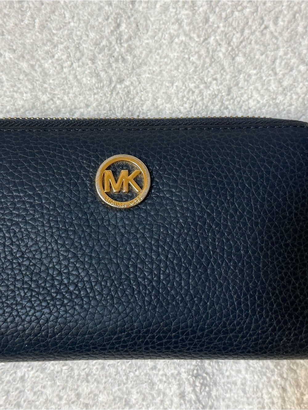 Michael Kors Navy Pebbled Leather Zip Around Wallet with Gold MK Emblem